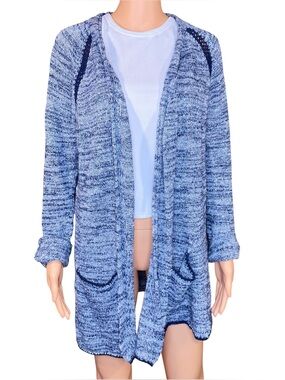 Artisan Ny Open Front Cardigan Longer Length Knit Heather Blue Crochet Trim SZ M